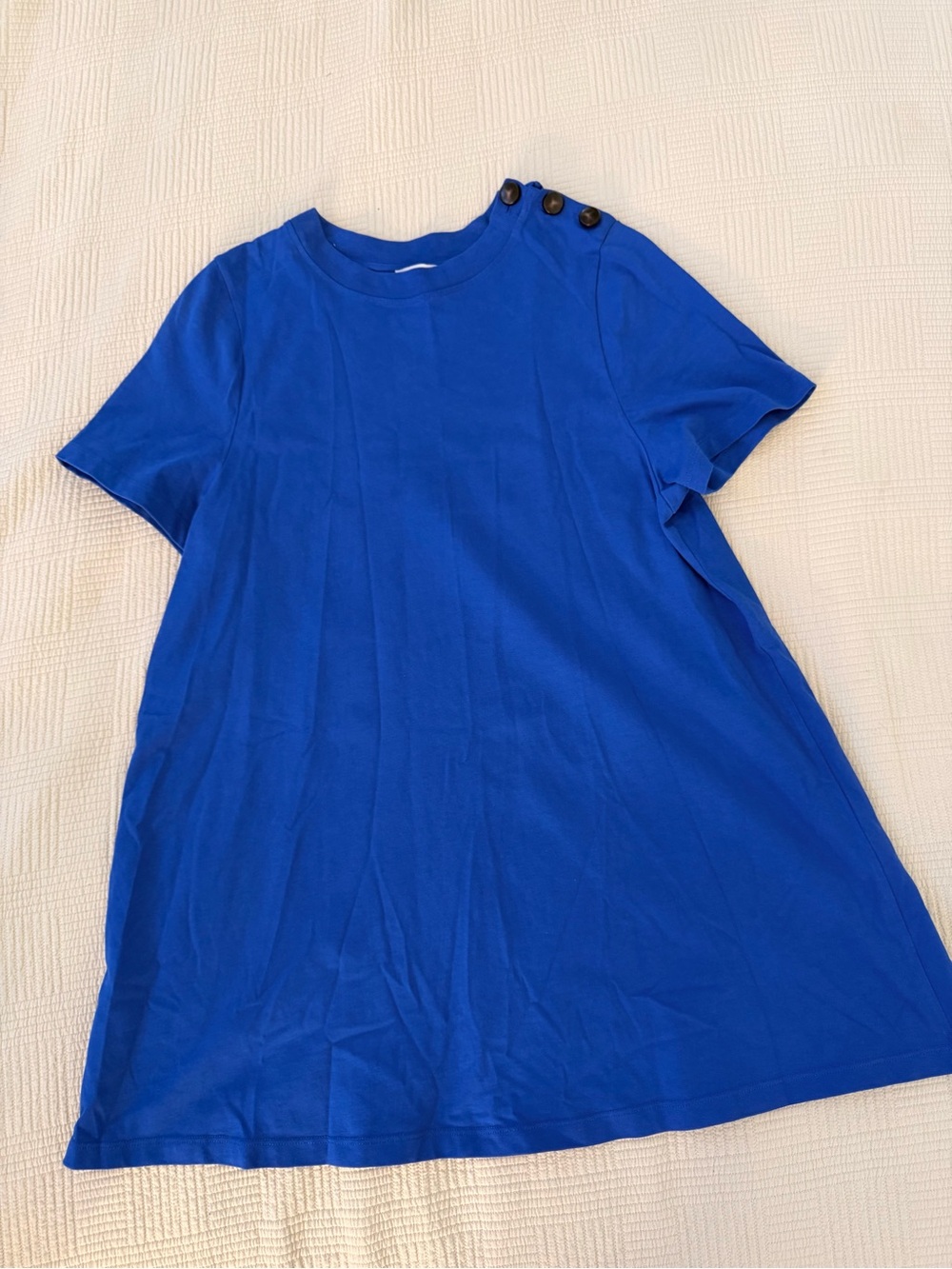 Sezane Cobalt Blue Short-Sleeve Button-Shoulder Mini Dress